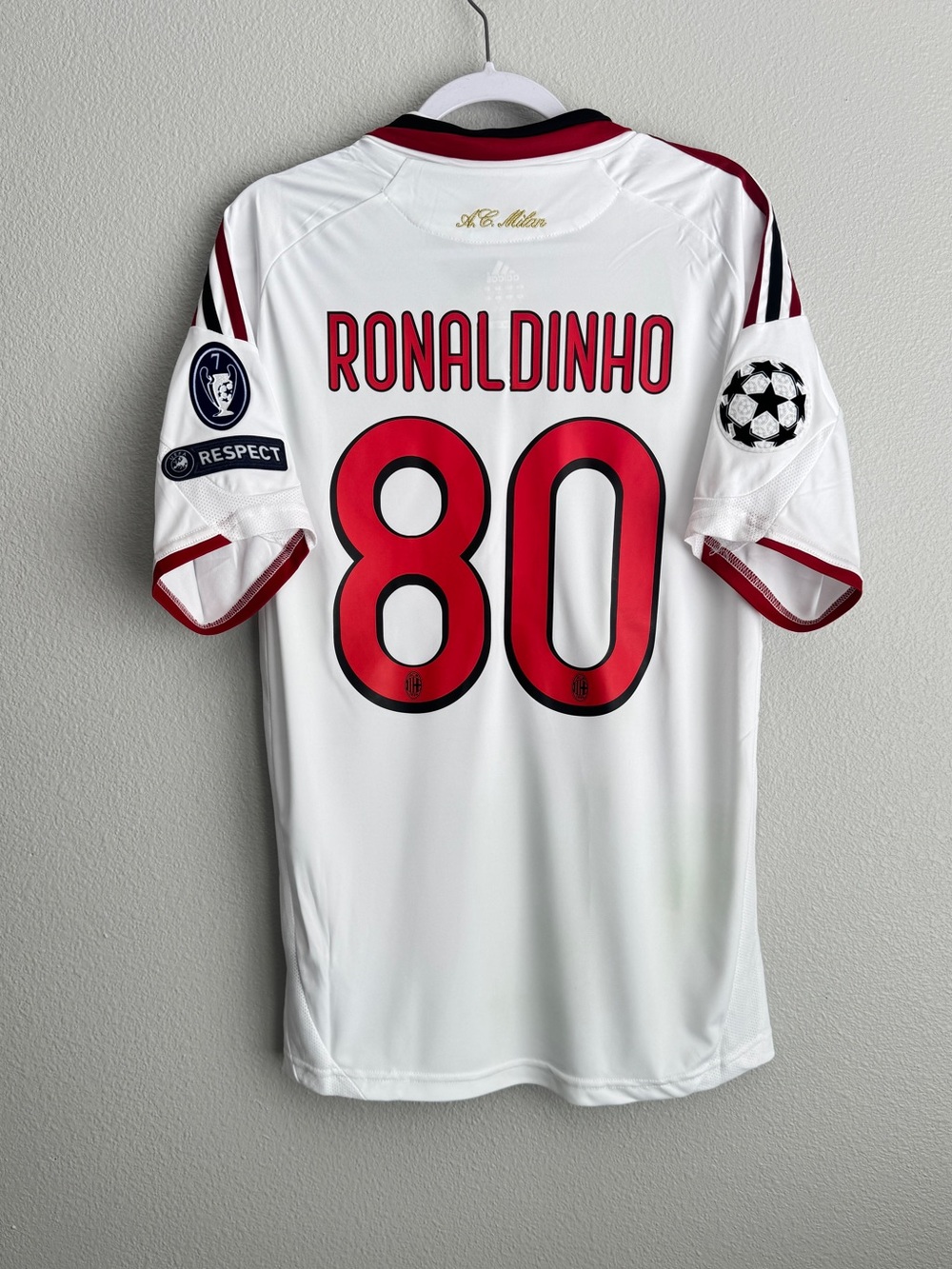 Vintage AC Milan 2009/2010 #80 Ronaldinho away UCL white soccer jersey